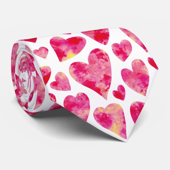 Pink Watercolor Heart pattern Tie (Rolled)