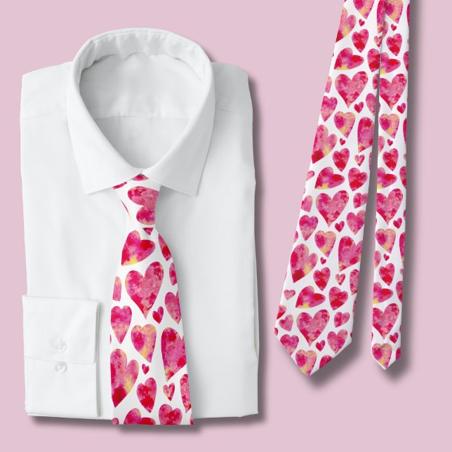 Pink Watercolor Heart pattern Tie (Bright pik love heart tie)