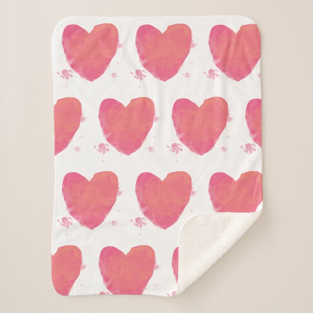 Pink Watercolor Heart Sherpa Blanket (Front)