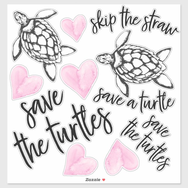 Pink Watercolor Hearts and Save the Turtles (Sheet)