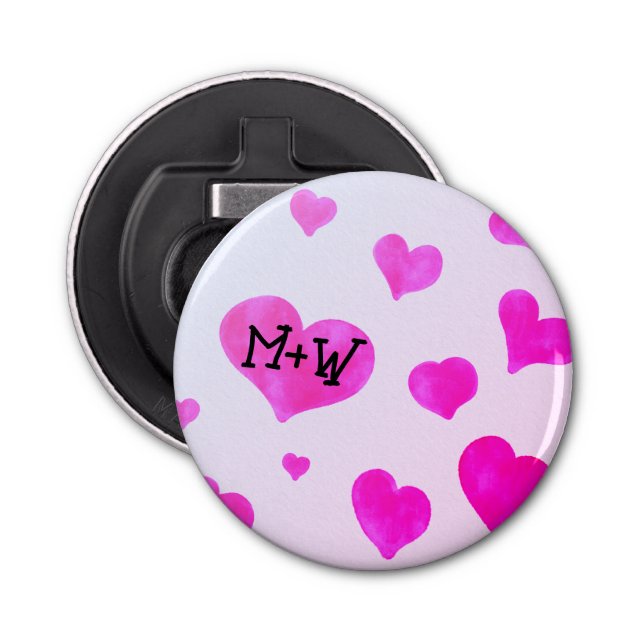 Pink watercolor hearts Custom Couple name initials Bottle Opener (Front)