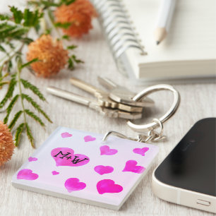 Pink watercolor hearts Custom Couple name initials Key Ring