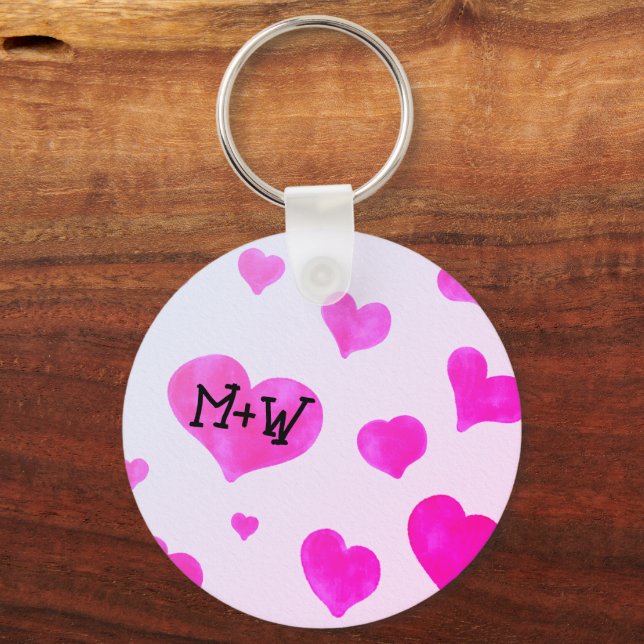 Pink watercolor hearts Custom Couple name initials Key Ring (Front)