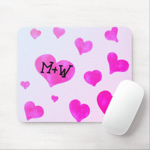 Pink watercolor hearts Custom Couple name initials Mouse Mat