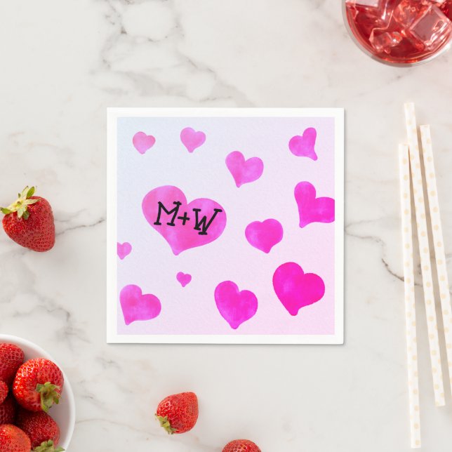 Pink watercolor hearts Custom Couple name initials Napkin (Insitu)