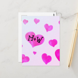 Pink watercolor hearts Custom Couple name initials Postcard
