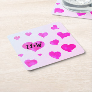 Pink watercolor hearts Custom Couple name initials Square Paper Coaster