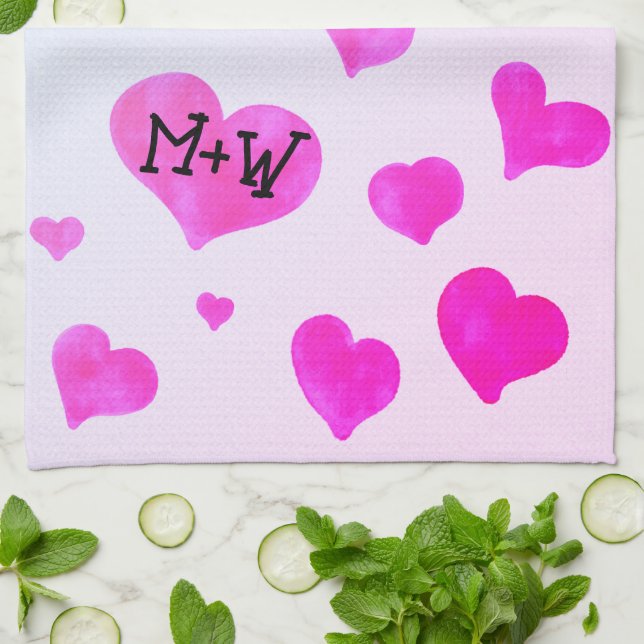 Pink watercolor hearts Custom Couple name initials Tea Towel (Folded)