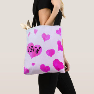 Pink watercolor hearts Custom Couple name initials Tote Bag