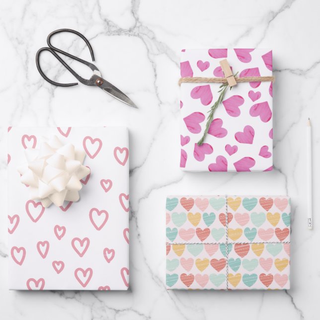 Pink Watercolor Hearts Cute Valentine's Day Wrapping Paper Sheet (Front)