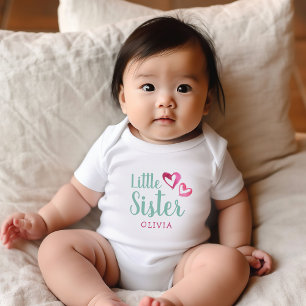 Pink Watercolor Hearts Little Sister Name Monogram Baby Bodysuit