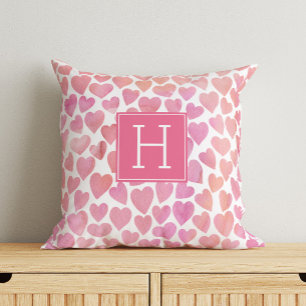 Pink Watercolor Hearts Monogrammed Cushion