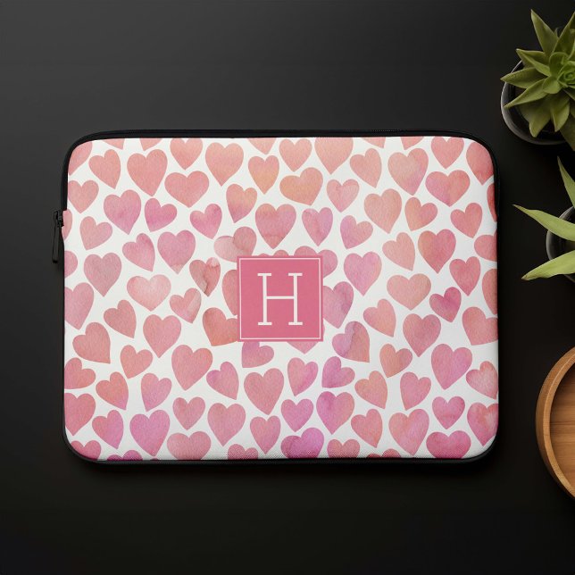 Pink Watercolor Hearts Monogrammed Laptop Sleeve (Creator Uploaded)