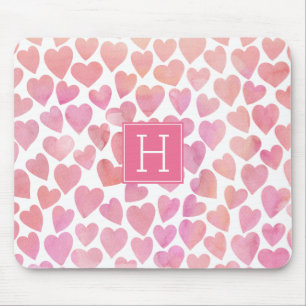 Pink Watercolor Hearts Pattern Mouse Mat