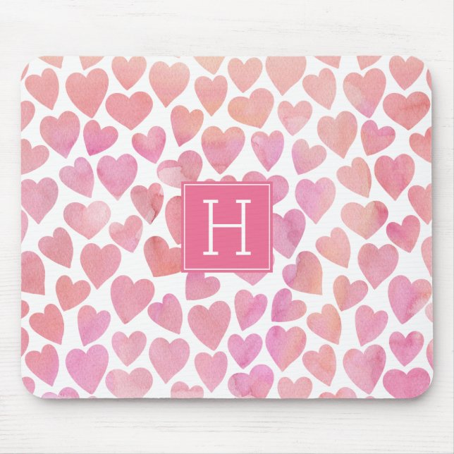 Pink Watercolor Hearts Pattern Mouse Mat (Front)