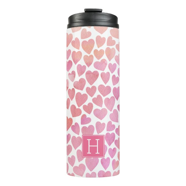 Pink Watercolor Hearts Pattern Thermal Tumbler (Front)