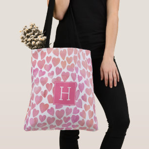 Pink Watercolor Hearts Pattern Tote Bag