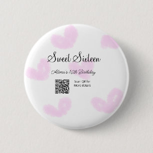 Pink watercolor hearts QR Sweet sixteen birthday 6 Cm Round Badge