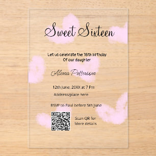 Pink watercolor hearts QR  Sweet sixteen birthday  Acrylic Invitations