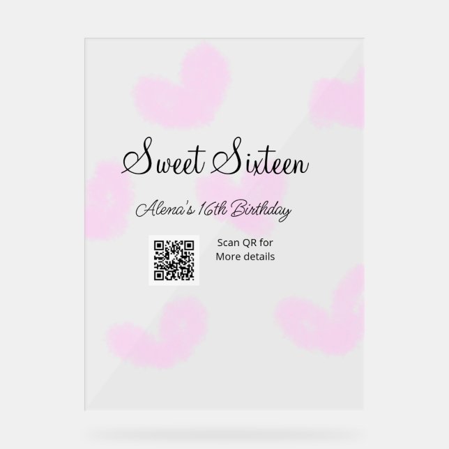 Pink watercolor hearts QR  Sweet sixteen birthday  Acrylic Sign (Front)