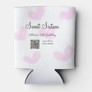 Pink watercolor hearts QR Sweet sixteen birthday Can Cooler