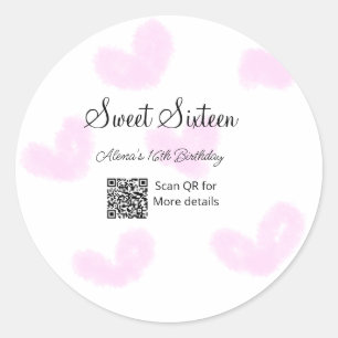 Pink watercolor hearts QR  Sweet sixteen birthday  Classic Round Sticker