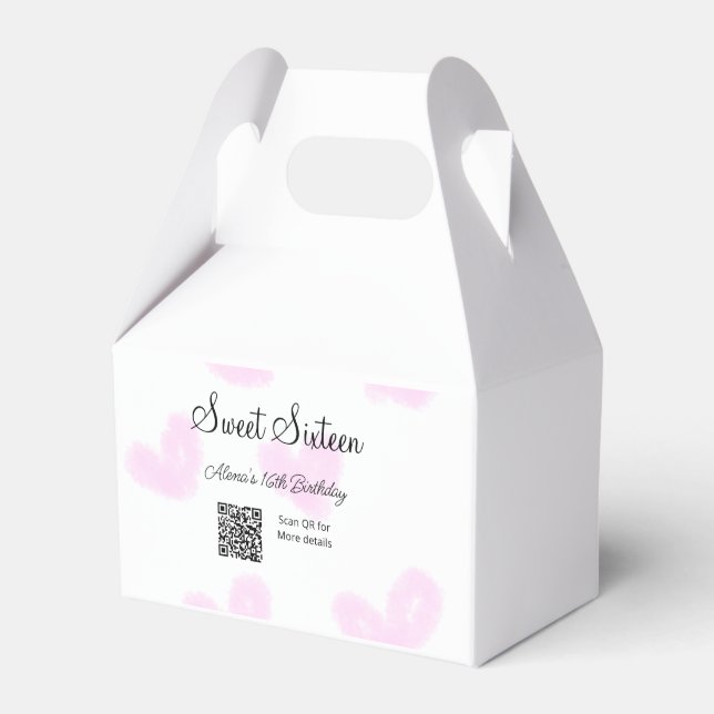 Pink watercolor hearts QR  Sweet sixteen birthday  Favour Box (Front Side)