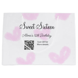 Pink watercolor hearts QR  Sweet sixteen birthday  Large Gift Bag
