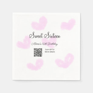 Pink watercolor hearts QR  Sweet sixteen birthday  Napkin
