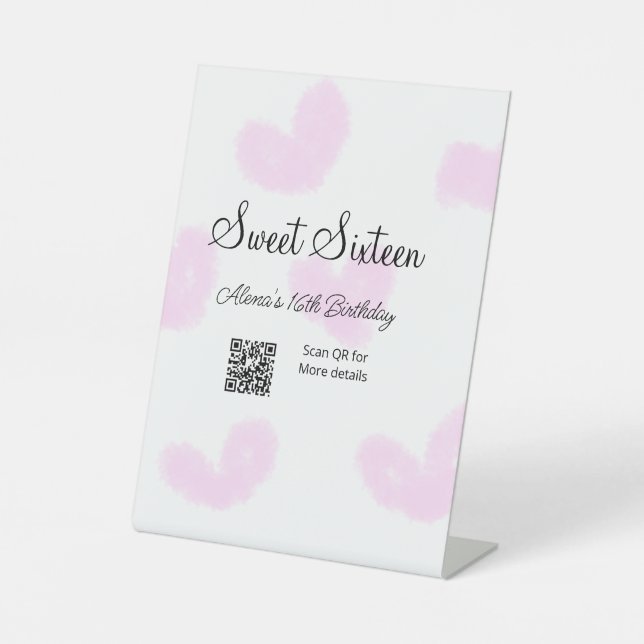 Pink watercolor hearts QR  Sweet sixteen birthday  Pedestal Sign (Front)