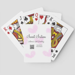 Pink watercolor hearts QR  Sweet sixteen birthday  Playing Cards