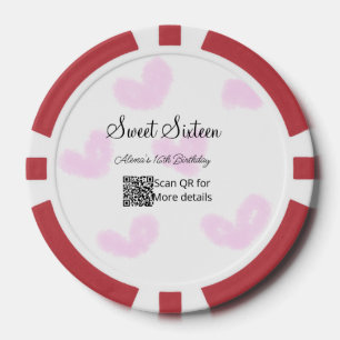 Pink watercolor hearts QR Sweet sixteen birthday Poker Chips