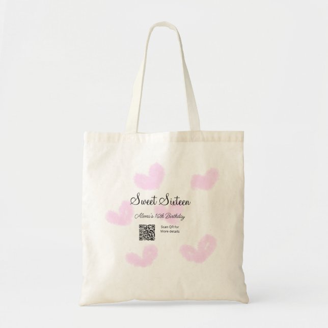 Pink watercolor hearts QR  Sweet sixteen birthday  Tote Bag (Front)