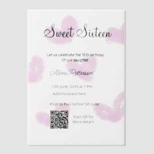 Pink watercolor hearts QR  Sweet sixteen birthday  Vellum Invitations