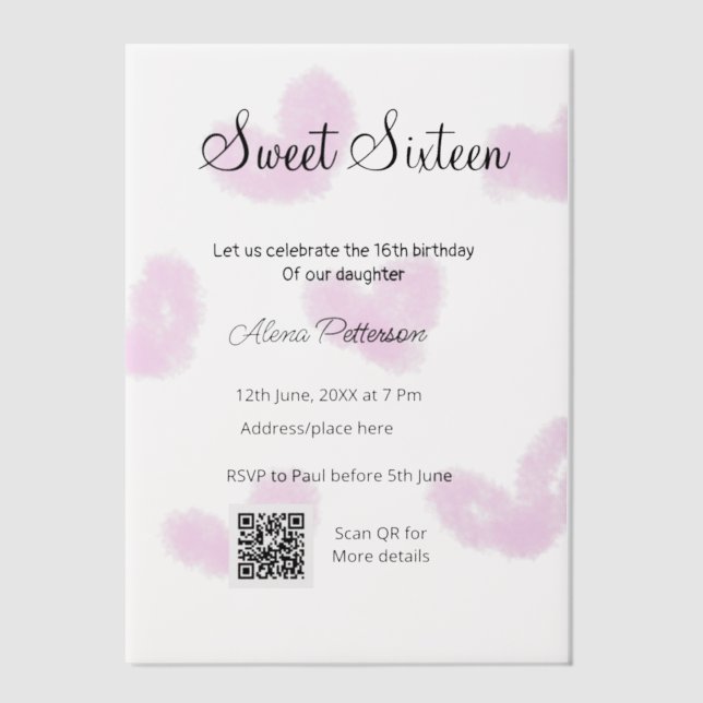 Pink watercolor hearts QR  Sweet sixteen birthday  Vellum Invitations (Front)
