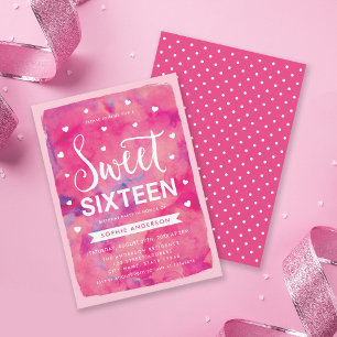 Pink Watercolor Hearts Sweet 16 Birthday Party Invitation