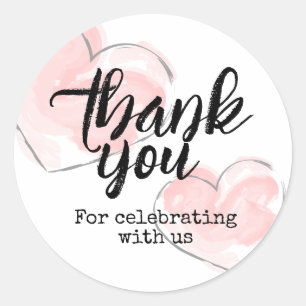 Pink Watercolor Hearts Thank You For Celebrating Classic Round Sticker