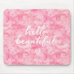 Pink Watercolor Hello Beautiful Heart Mouse Mat