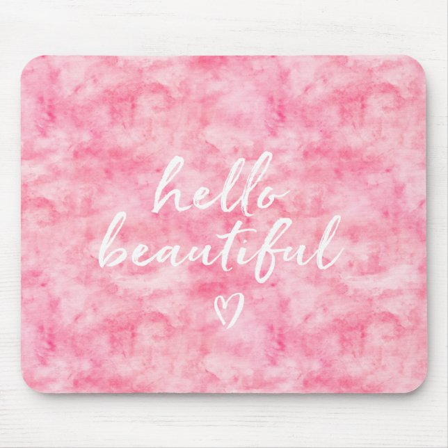 Pink Watercolor Hello Beautiful Heart Mouse Mat (Front)