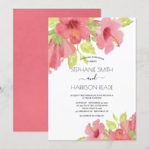Pink Watercolor Hibiscus Floral Wedding Invitation