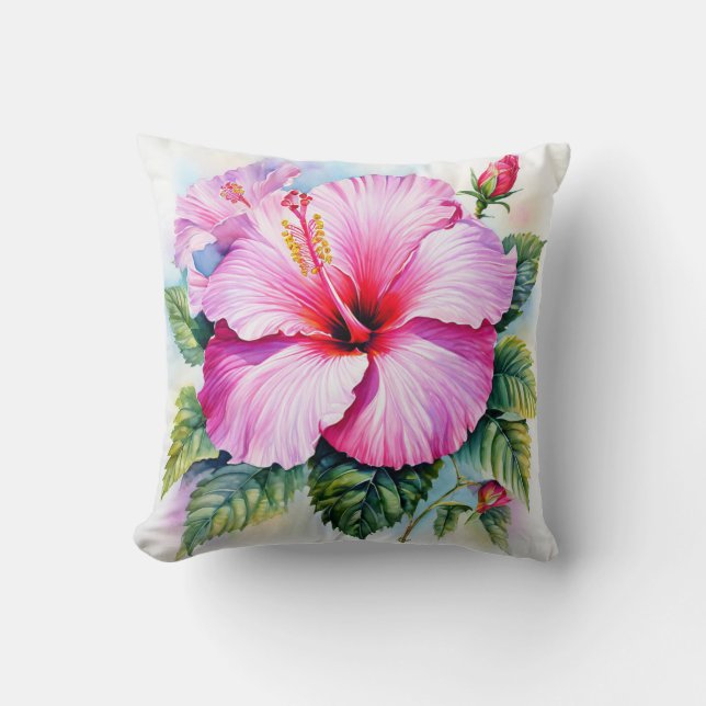 Pink Watercolor Hibiscus Flower Cushion (Front)