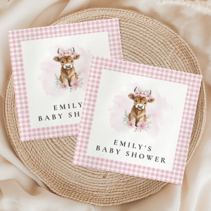 Pink Watercolor Highland Cow Girl Baby Shower Napkin