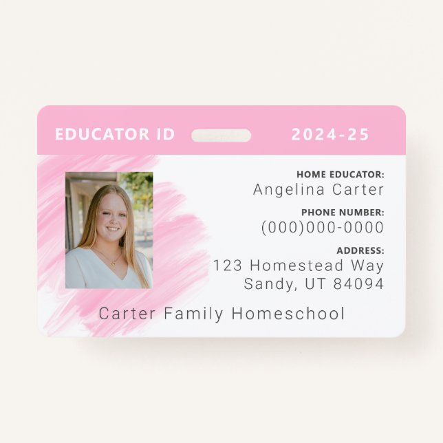 Pink Watercolor Homeschool Educator ID Badge (Front)