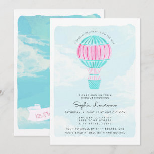 Pink Watercolor Hot Air Balloon Baby Shower Invitation