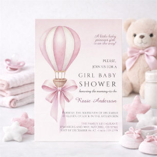 Pink Watercolor Hot Air Balloon Girl Baby Shower Invitation