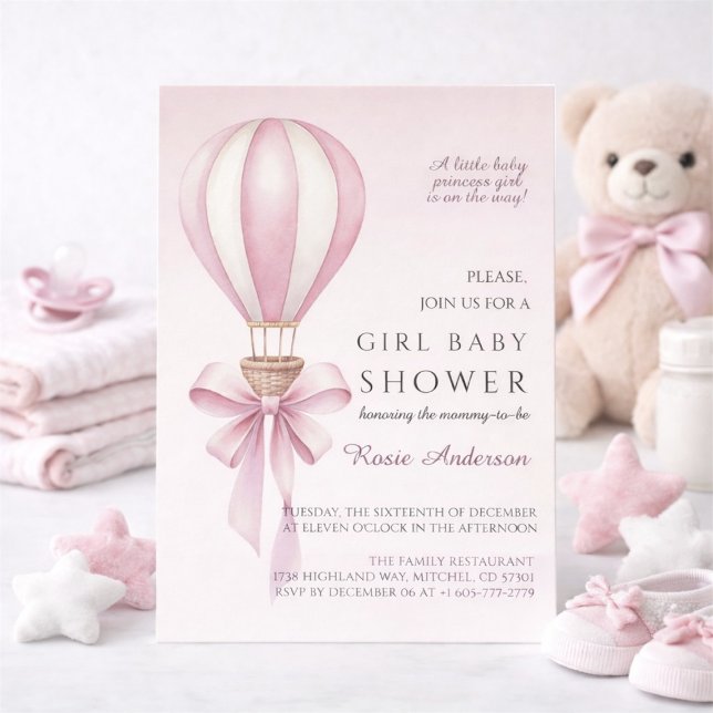 Pink Watercolor Hot Air Balloon Girl Baby Shower Invitation (Pink Watercolor Hot Air Balloon Girl Baby Shower Invitation)