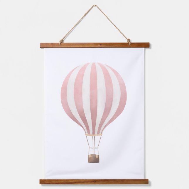 Pink Watercolor Hot Air Balloon Nursery Hanging Tapestry (Front)