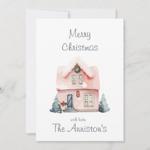 Pink Watercolor House Christmas Card