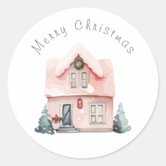 Pink Watercolor House Christmas  Classic Round Sticker