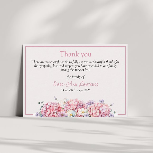 Pink watercolor hydrangea summer flowers funeral thank you card (Creator Uploaded)